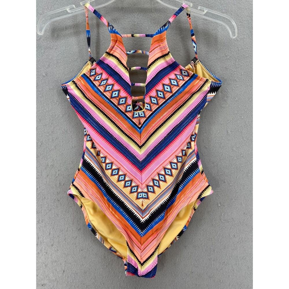 Hobie Swimsuit Juniors M Pink Stripe One Piece Standard High Neck Strappy Front